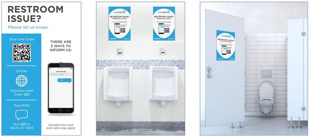 Flushcheck Signage for restroom feedback and clean restrooms