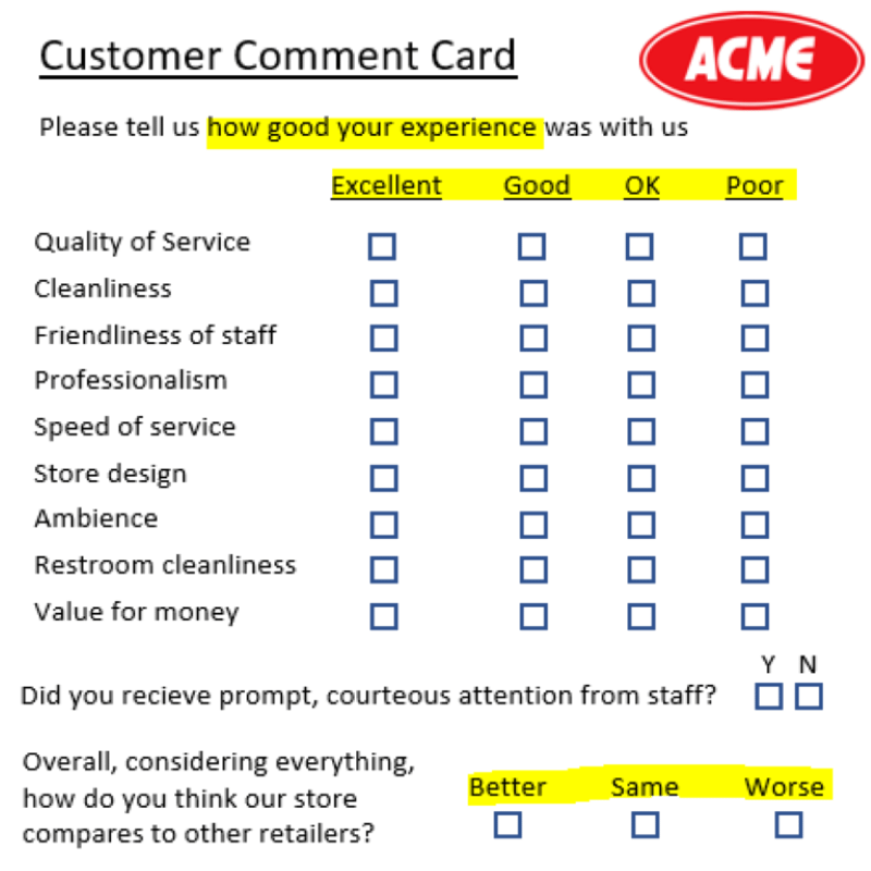 Example of bad comment card design