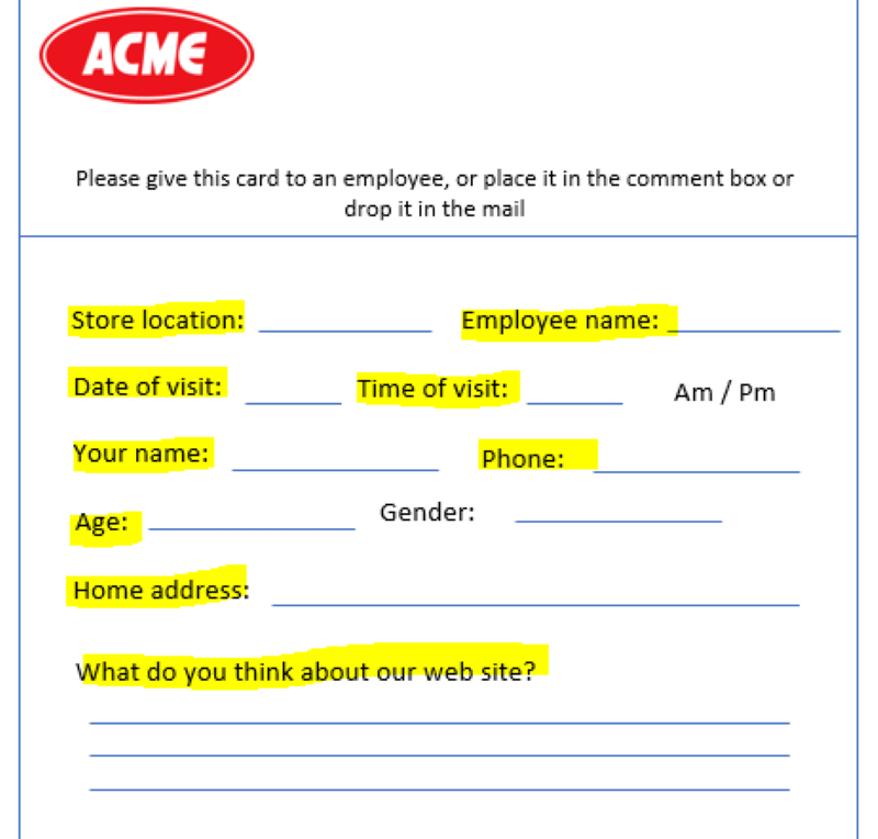 Comment card request for personal information