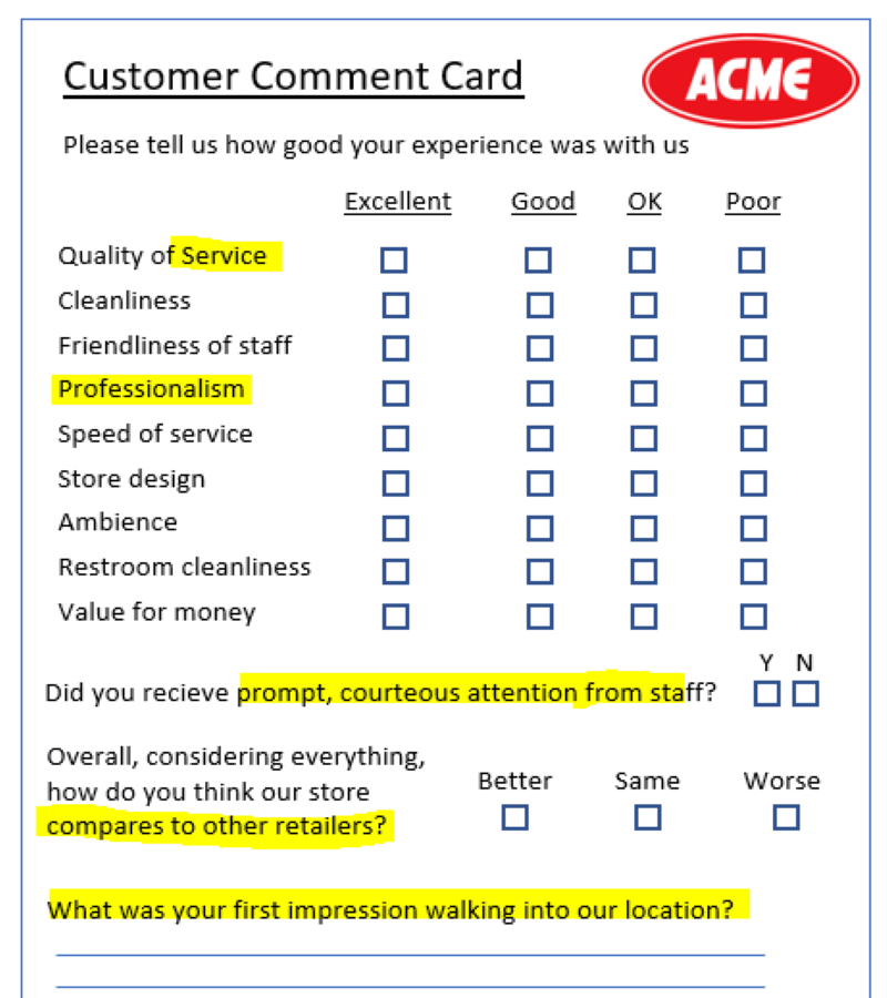 Bad comment card questions