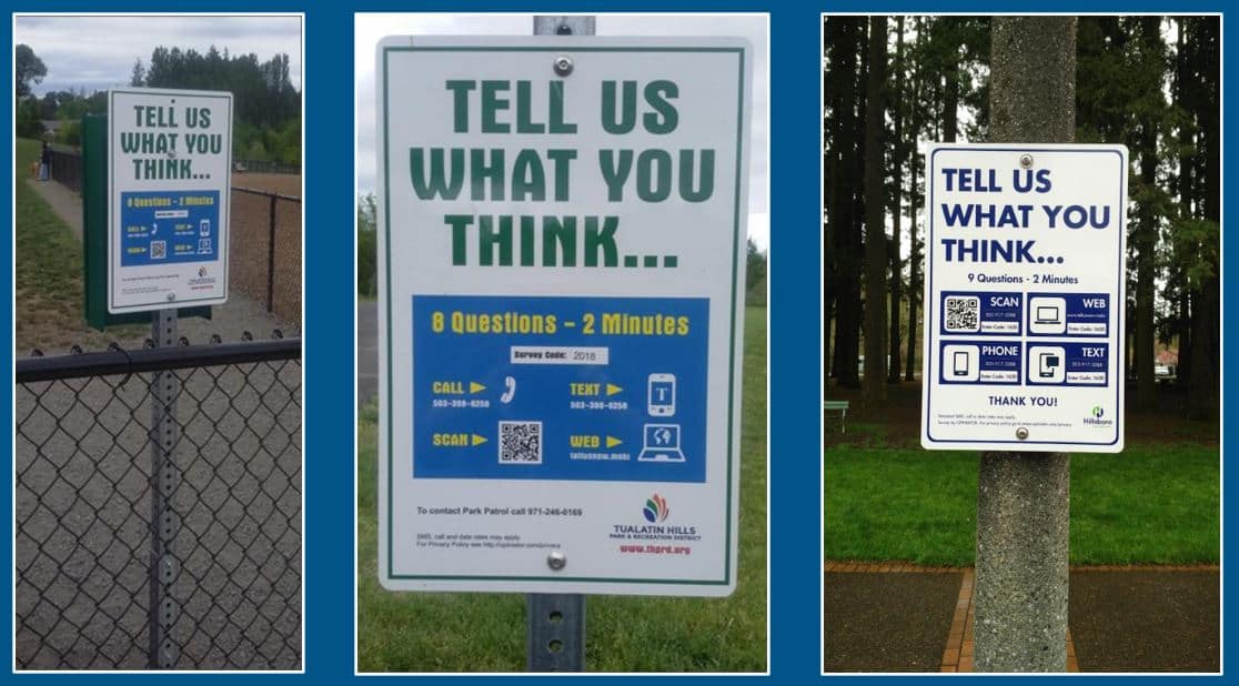 Outdoor signs to request feedback from park visitors