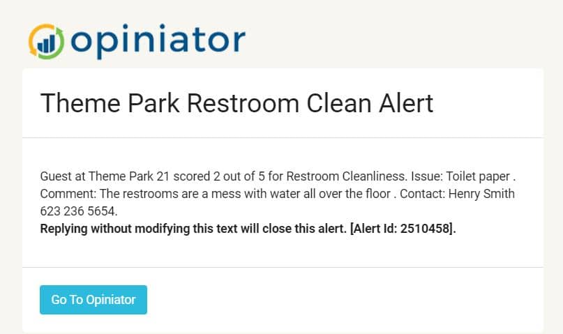 Theme park restroom cleanliness alert delivered by email