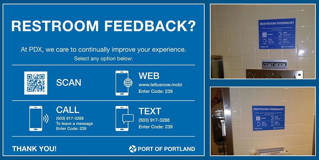 Restroom feedback signage at an airport for passenger feedback