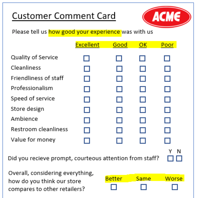Bad comment card rating scales