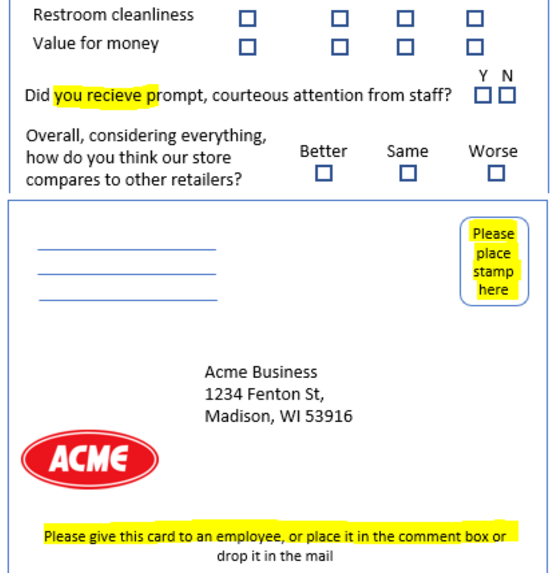Comment card poor operational execution